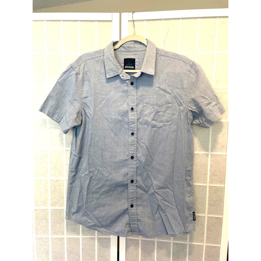 prAna Organic Cotton Blend Button Down Shirt M Blue Short Sleeve Outdoors Travel